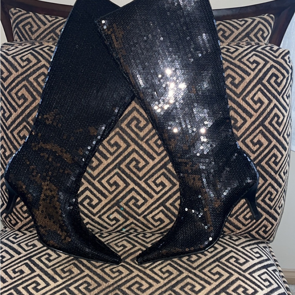 Black Sequin Knee-High Boots